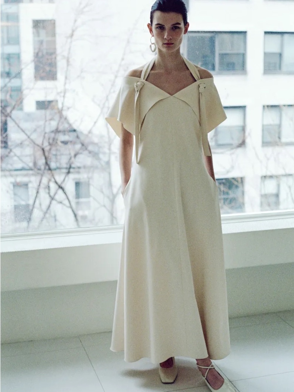 Rosetta Getty Cream Ivory Draped Cady Off-Shoulder Tie Neck Dress Size 12